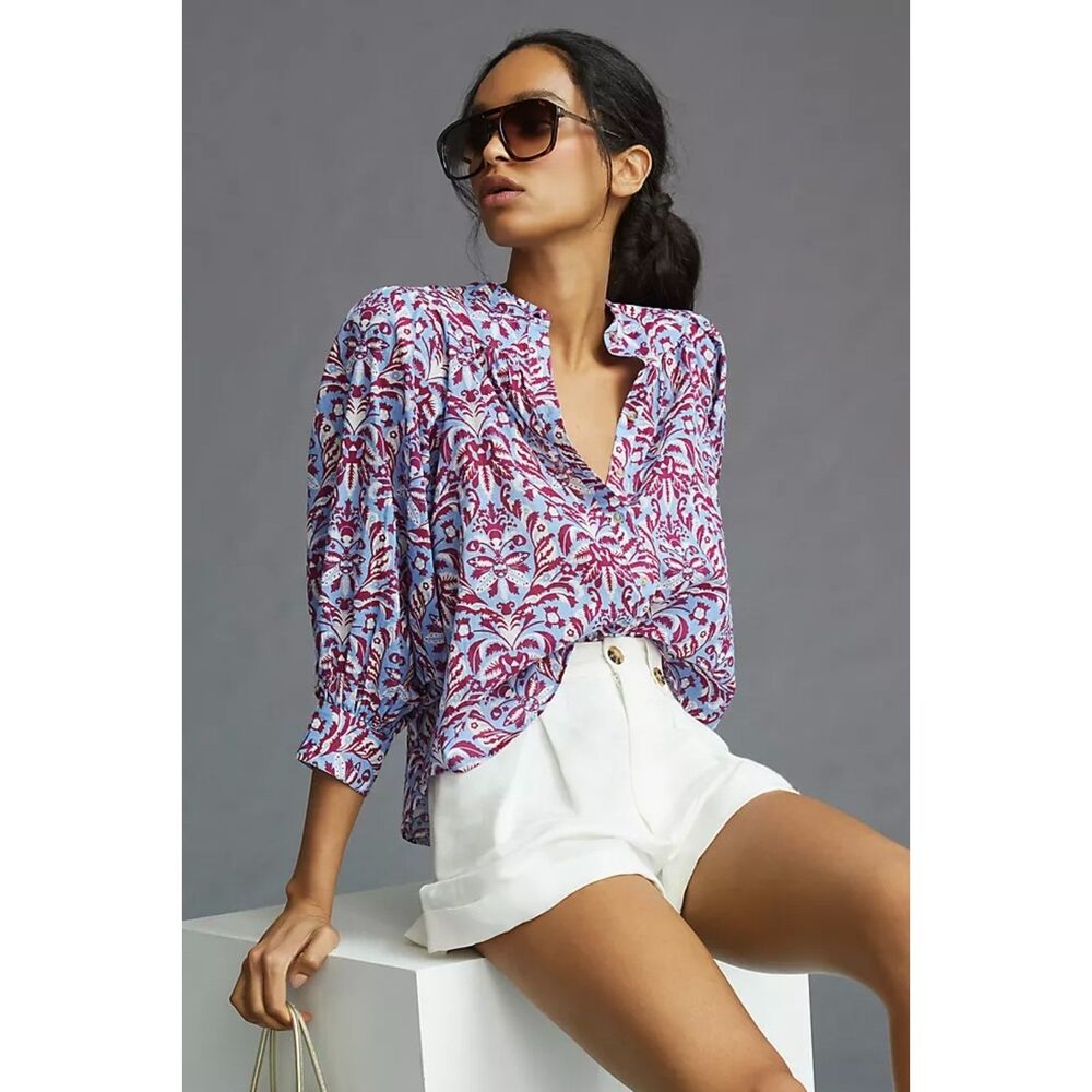 Anthropologie Lavender and Burgundy Printed Blouse